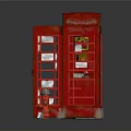 Red Telephone Booth With Open Door And Red Fire Hydrant On Paved Sidewalk