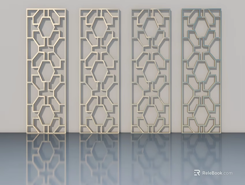 Light Colored Swing Doors With Symmetric Geometric Hollow Patterns And Reflective Floor 3d model