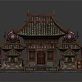 Cartoon Style Chinese Traditional Building Scene With Curved Eaves Tiled Roof And Red Doors