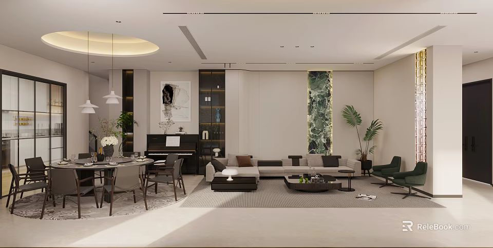 Modern Open Plan Dining Living Room With Sofa Coffee Table Plants And Marble Wall 3d model 