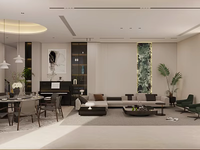 Modern Open Plan Dining Living Room With Sofa Coffee Table Plants And Marble Wall 3d model