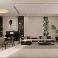 Modern Open Plan Dining Living Room With Sofa Coffee Table Plants And Marble Wall