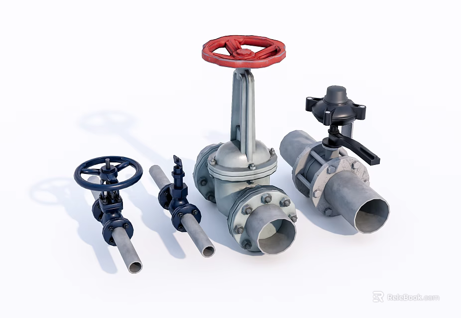 Industrial Valves In Various Designs With Red And Black Handles 3d model 