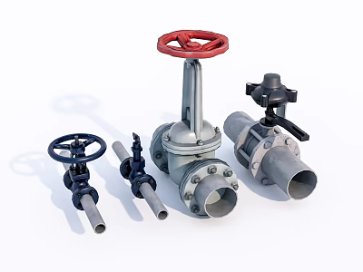 Industrial Valves In Various Designs With Red And Black Handles 3d model
