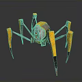 Yellow And Silver Mechanical Spider With Long Legs And Red Eyes