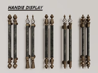 Decorative Door Handles Display With Ornate Brass Accents And Dark Metal Finish 3d model
