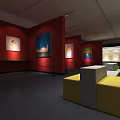 Spacious Art Gallery Interior With Red Walls And Displayed Paintings 3d model