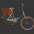 Blue Bicycle with Black Seat Basket and Silver Spokes Wheels on Gray Reflective Surface