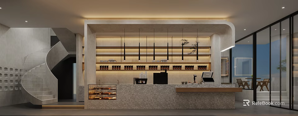 Modern Café Interior Design With Stone Countertop Wooden Shelves Hanging Lights And Wine Bottles 3d model 