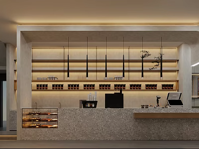 Modern Café Interior Design With Stone Countertop Wooden Shelves Hanging Lights And Wine Bottles 3d model