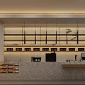 Modern Café Interior Design With Stone Countertop Wooden Shelves Hanging Lights And Wine Bottles