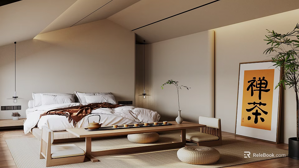 Zen Japanese Bedroom Interior With Wooden Bed Tatami Mat Woven Cushions And Wall Art 3d model 