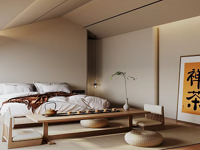 Zen Japanese Bedroom Interior With Wooden Bed Tatami Mat Woven Cushions And Wall Art 3d model