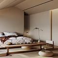 Zen Japanese Bedroom Interior With Wooden Bed Tatami Mat Woven Cushions And Wall Art