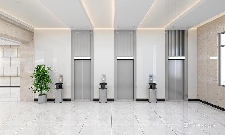 Modern Elevator Lobby Interior With White Walls Marble Flooring And Potted Plant 3d model