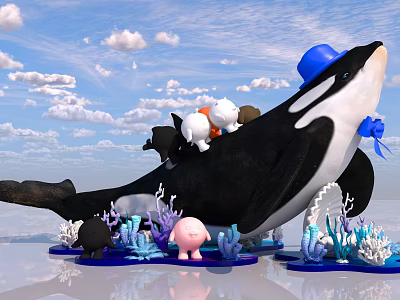 Art Installation Of Orca Whale With Blue Hat Small Animals And Coral Under Blue Sky 3d model
