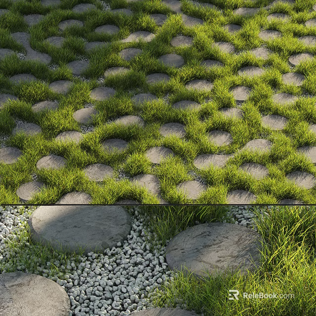 Lush Green Grass Landscape With Arranged Circular Stones Path Large Rocks And Small Pebbles 3d model 