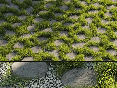 Lush Green Grass Landscape With Arranged Circular Stones Path Large Rocks And Small Pebbles 3d model