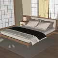 Minimalist Double Bed Interior With Shoji Screens Wooden Floor Nightstand And Table Lamp