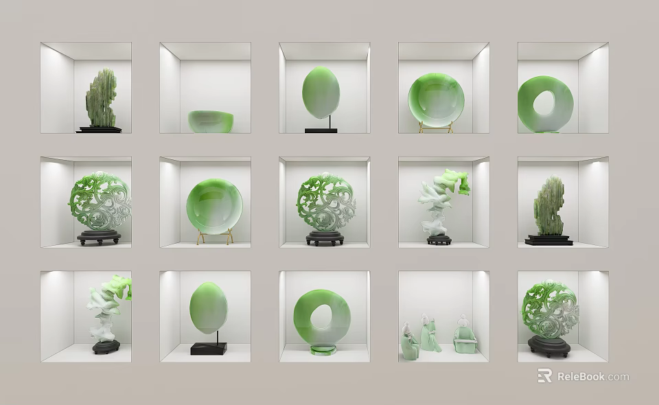 Decorative Green Ornament Set With Carved Circular Designs In White Display Cases On Black Bases 3d model 
