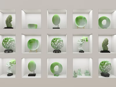 Decorative Green Ornament Set With Carved Circular Designs In White Display Cases On Black Bases 3d model