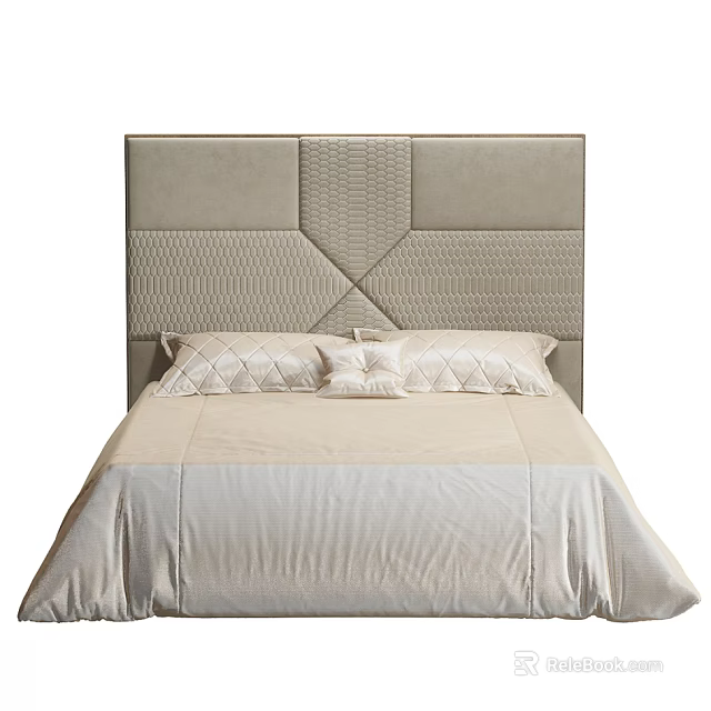 Double Bed With Upholstered Headboard Geometric Pattern Decorative Pillows And Neutral Bedding 3d model 