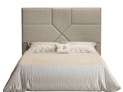 Double Bed With Upholstered Headboard Geometric Pattern Decorative Pillows And Neutral Bedding 3d model