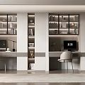 Modern bookcase with glass doors and lighting strips in home office with desk and chair