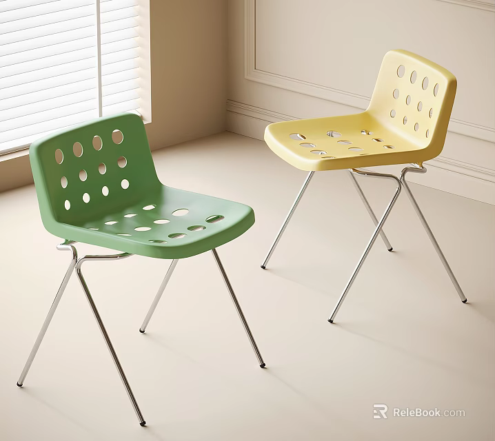 Green and Yellow Perforated Single Chairs with Metal Legs in Indoor Setting 3d model 