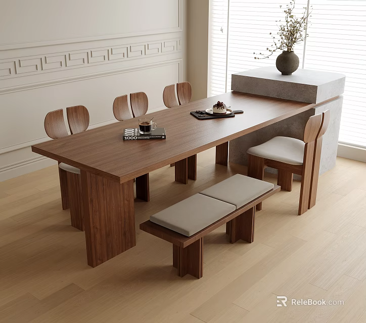 Modern Wooden Dining Table Set With Chairs Bench And Tableware On Light Floor 3d model