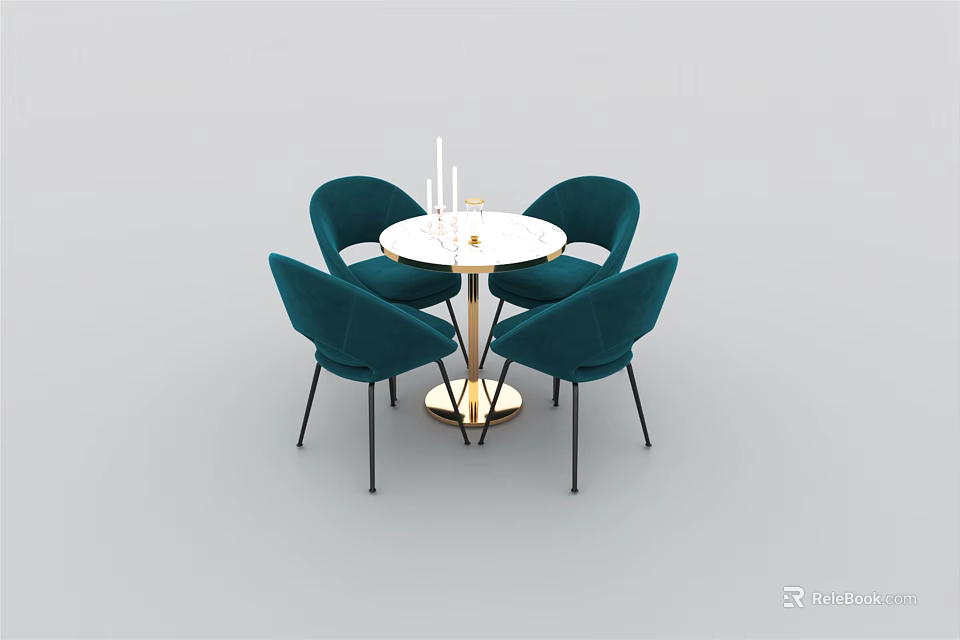 Modern Round Table And Chair Set With Teal Chairs White Top Golden Legs 3d model 