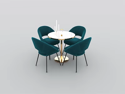 Modern Round Table And Chair Set With Teal Chairs White Top Golden Legs 3d model