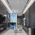Modern Living Dining Room Interior Wooden TV Wall With LED Lighting Blue Chair And Decor