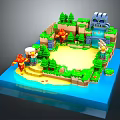 3D Pixel Style Castle Building With Green Trees Water Sand Beach And Characters