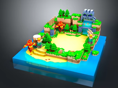 3D Pixel Style Castle Building With Green Trees Water Sand Beach And Characters 3d model