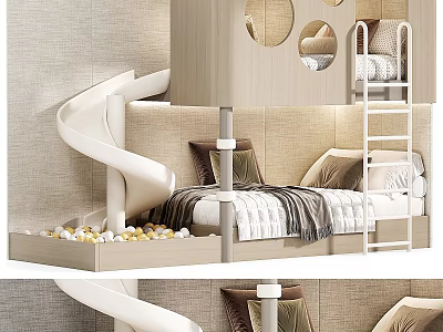 Playful Kids Loft Bed With Spiral Slide Soft Pillows And Cozy Wooden Design 3d model