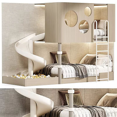 Playful Kids Loft Bed With Spiral Slide Soft Pillows And Cozy Wooden Design 3d model
