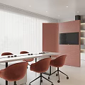 Modern Dining Space With Long Table Orange Chairs Black TV Pink Wall And White Blinds