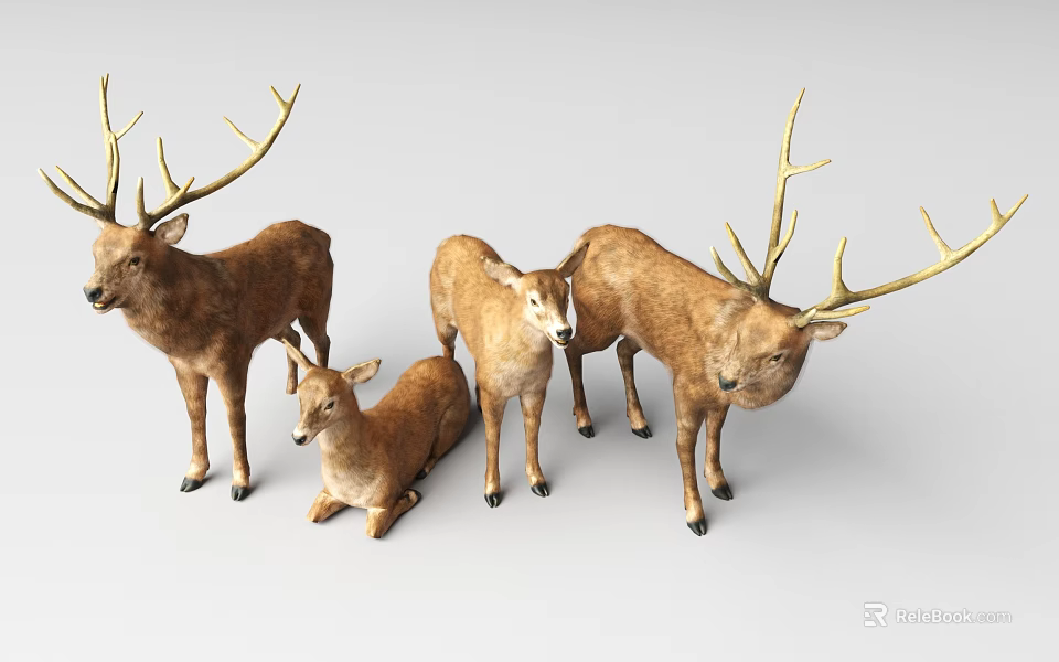 Realistic Deer Sculptures Group In Different Poses 3d model 