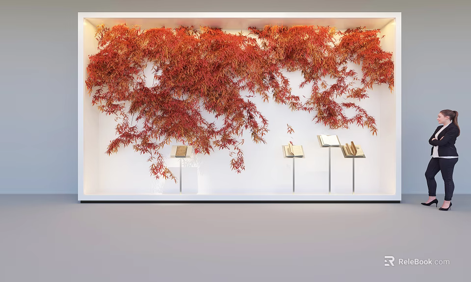 Elegant Window Display With Red Maple Leaves Decoration White Background And Display Stands With Books 3d model 