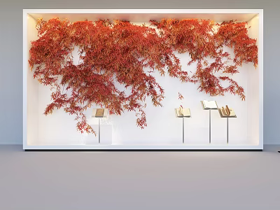 Elegant Window Display With Red Maple Leaves Decoration White Background And Display Stands With Books 3d model