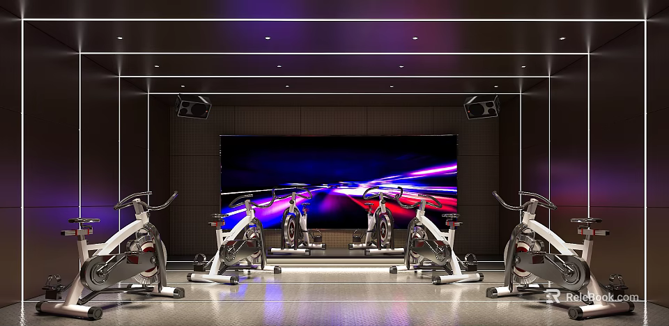 Modern Fitness Gym With Spin Bikes Large Screen And Purple Blue Lighting 3d model 