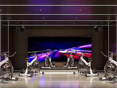 Modern Fitness Gym With Spin Bikes Large Screen And Purple Blue Lighting 3d model
