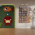 Entertainment Room With Lego Brick Wall Ocean Creature Patterns Display Shelf Figures And Potted Plant