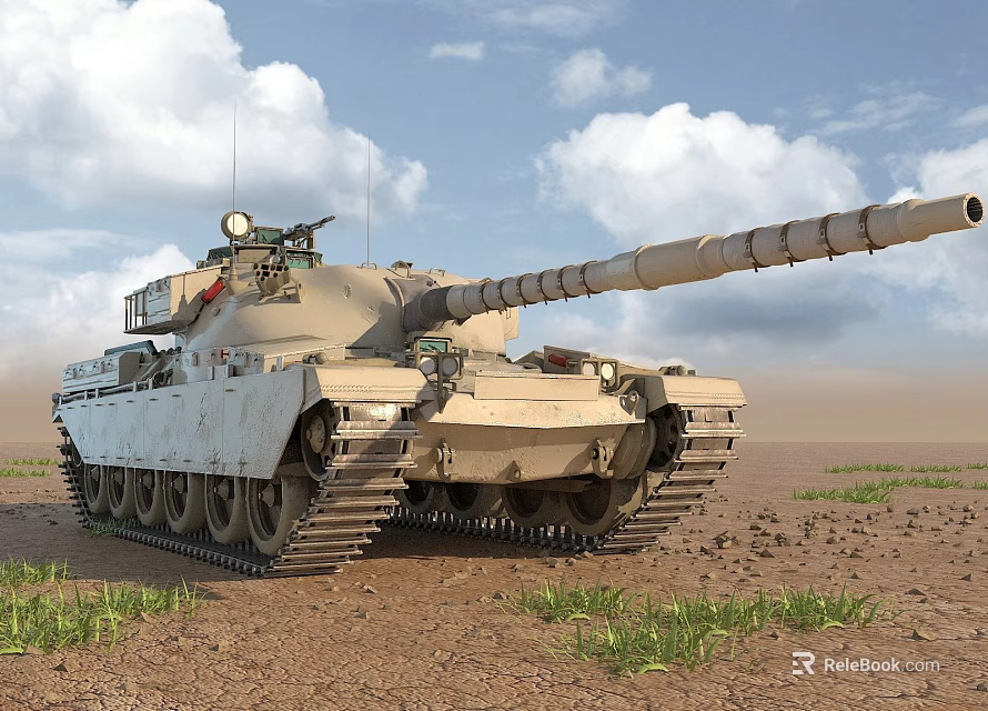 Modern Main Battle Tank With Long Barrel On Muddy Ground And Grass Under Blue Sky 3d model 