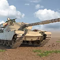 Modern Main Battle Tank With Long Barrel On Muddy Ground And Grass Under Blue Sky