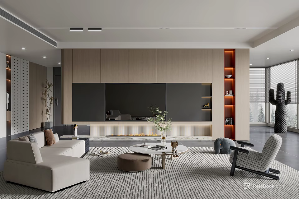 Modern Living Room Interior With Light Sofa Coffee Table Wooden TV Wall And Orange Shelves 3d model 