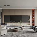 Modern Living Room Interior With Light Sofa Coffee Table Wooden TV Wall And Orange Shelves