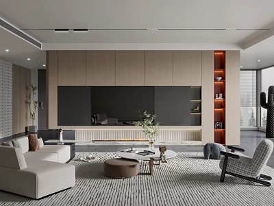 Modern Living Room Interior With Light Sofa Coffee Table Wooden TV Wall And Orange Shelves 3d model