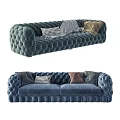 Deep Blue Velvet Tufted Sofa Set With Plaid Pillows And Throws 3d model